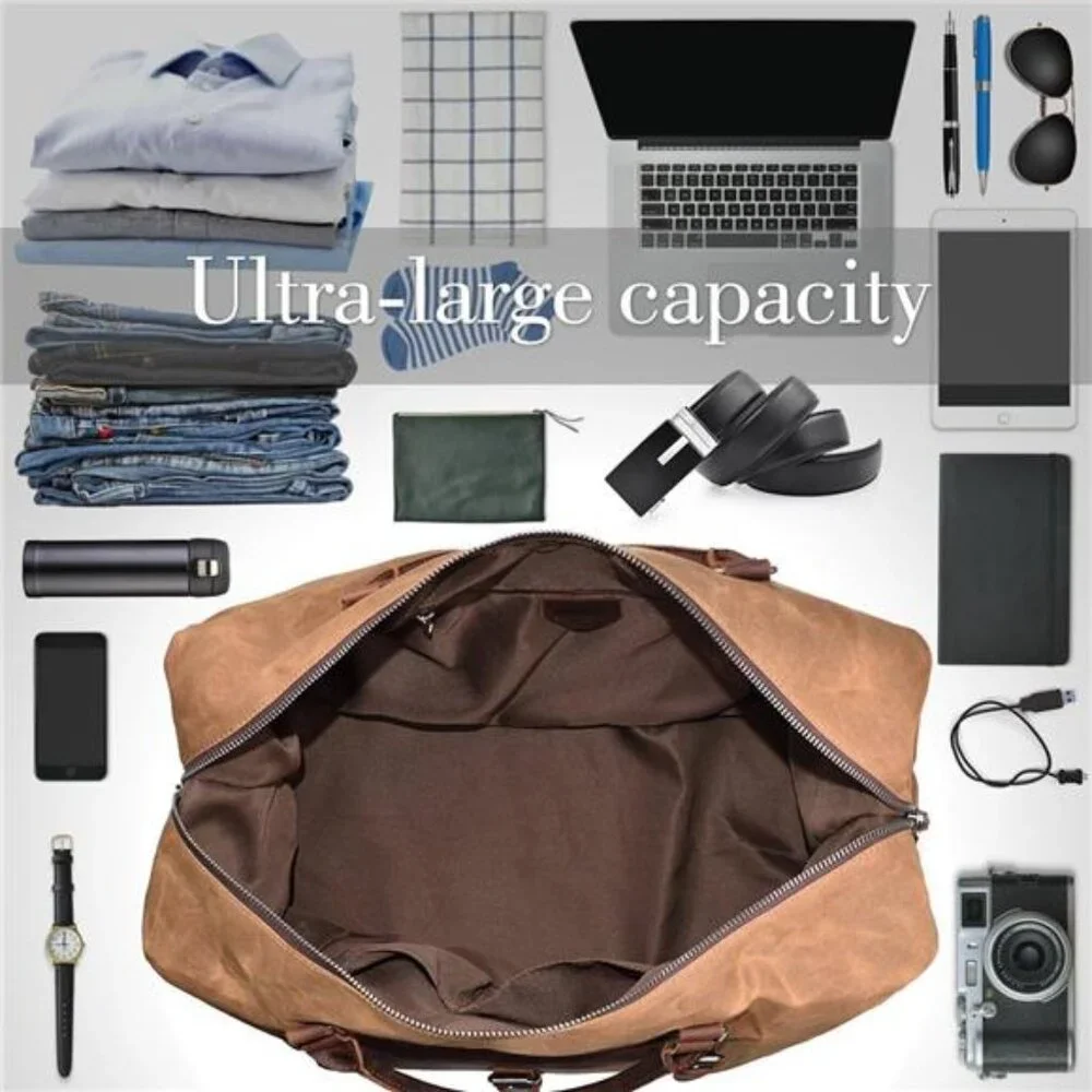 Oversized Travel Duffel Bag Waterproof Canvas Genuine Leather Weekend bag